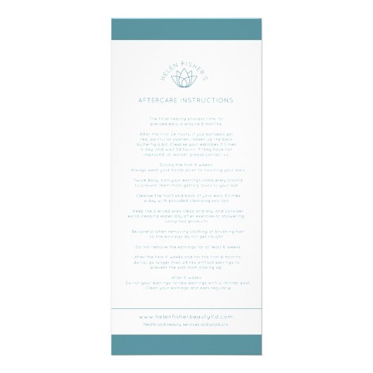 アフターケア耳ピアス指示ティール(緑がかった色) ラックカード (正面)