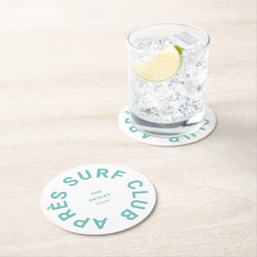 アフターサーフクラブターコイズサーファー社交クラブのロゴ ラウンドペーパーコースター (インサイチュ)