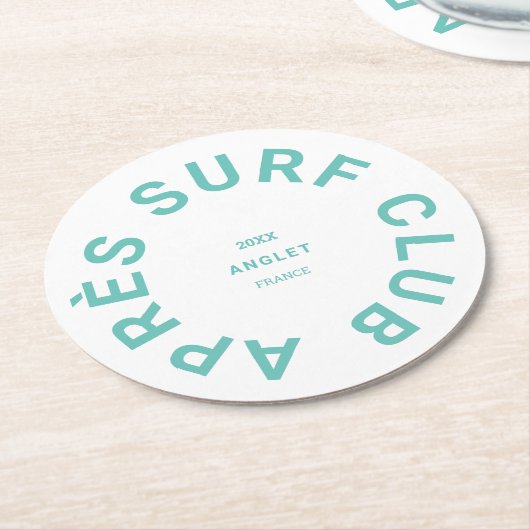 アフターサーフクラブターコイズサーファー社交クラブのロゴ ラウンドペーパーコースター (アングル)