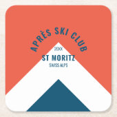 アフタースキークラブ 赤 ネイビー ヴィンテージスタイル スキーパーティー スクエアペーパーコースター (正面)