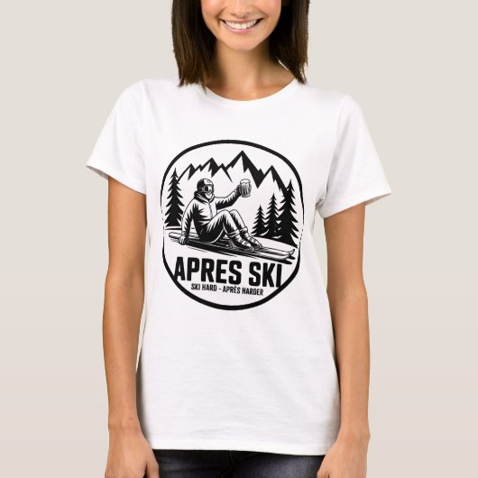 アフタースキー ビール&スキーヤー 冬の山 スティッカー Tシャツ (正面)