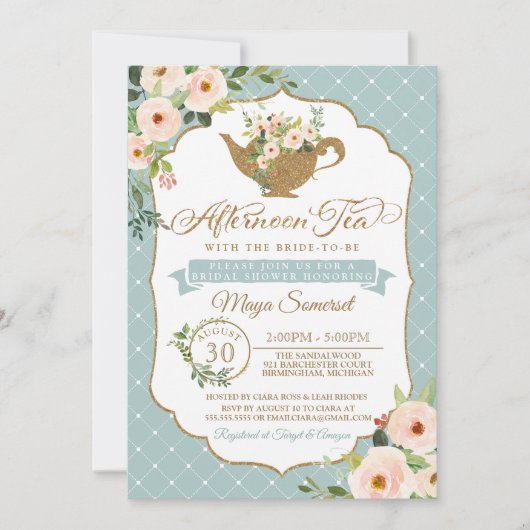 アフターンティーターコイズブルーフローラブライダルシャワー 招待状 (正面)