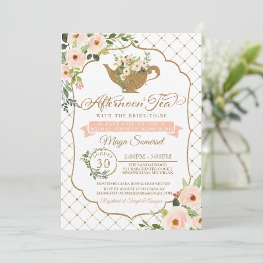 アフターンティーラグジュアリー赤面フローラブライダルシャワー 招待状 (スタンド正面)