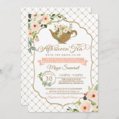 アフターンティーラグジュアリー赤面フローラブライダルシャワー 招待状 (正面/裏面)