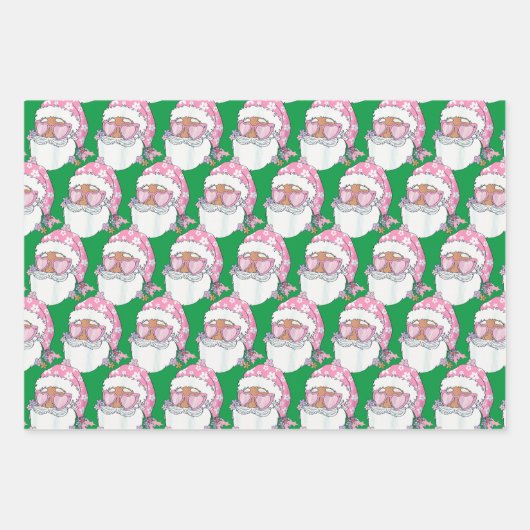 アフリカおもしろい系アメリカ人サンタ顔ピンククリスマス ラッピングペーパーシート (正面)