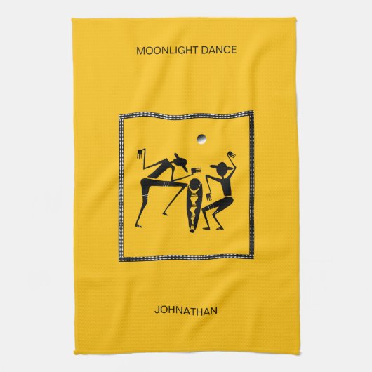 アフリカのアート、かわいいおもしろいと月光の踊り キッチンタオル (縦)