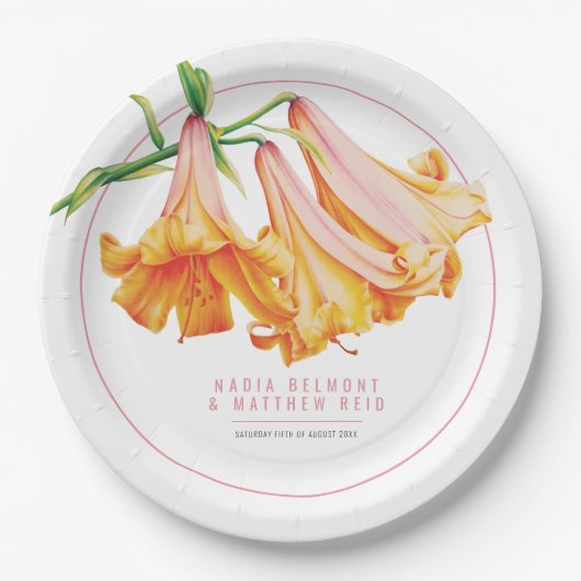 アフリカのクイーンユリのオレンジ色のピンクのフローラアート結婚ズ ペーパープレート (正面)