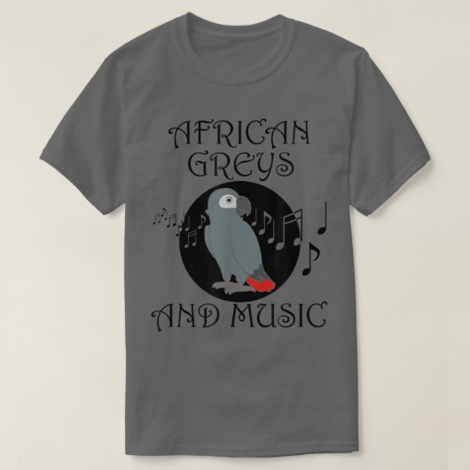 アフリカのグレーと音楽ノートミュージシャンオウム Tシャツ (デザイン正面)