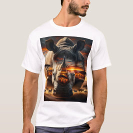 アフリカのサイとキリンの背後にあるブッシュベルドの夕日 Tシャツ