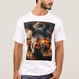 アフリカのサイとキリンの背後にあるブッシュベルドの夕日 Tシャツ