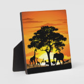 アフリカのサバンナでの野生動物と夕焼け フォトプラーク (正面)