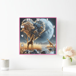 アフリカのサバンナで月に照らされた空の下でキリン スクエア壁時計