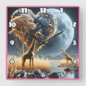 アフリカのサバンナで月に照らされた空の下でキリン スクエア壁時計 (正面)