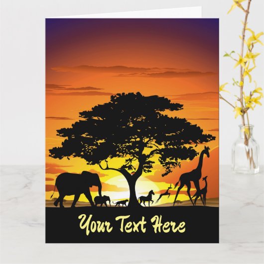 アフリカのサバンナに生息する野生動物の夕日 カード (黄色い花)