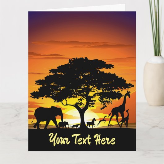 アフリカのサバンナに生息する野生動物の夕日 カード (正面)