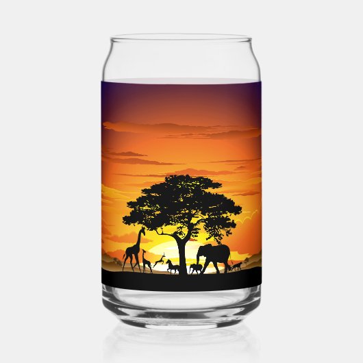 アフリカのサバンナに生息する野生動物の夕日 ガラス缶 (裏面)