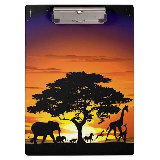 アフリカのサバンナに生息する野生動物の夕日 クリップボード (正面)