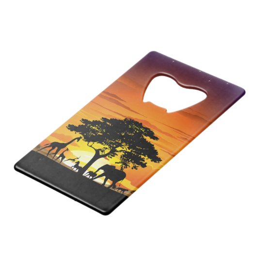 アフリカのサバンナに生息する野生動物の夕日 クレジットカード栓抜き (正面アングル)