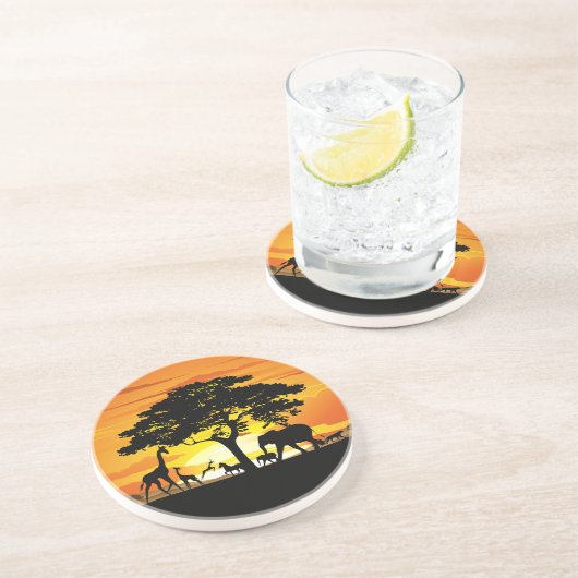 アフリカのサバンナに生息する野生動物の夕日 コースター (側面)