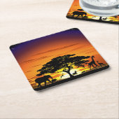 アフリカのサバンナに生息する野生動物の夕日 スクエアペーパーコースター (アングル)