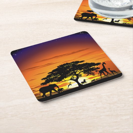 アフリカのサバンナに生息する野生動物の夕日 スクエアペーパーコースター (アングル)