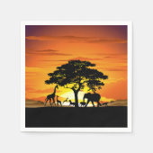アフリカのサバンナに生息する野生動物の夕日 スタンダードカクテルナプキン (正面)