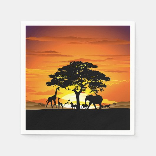 アフリカのサバンナに生息する野生動物の夕日 スタンダードカクテルナプキン (正面)