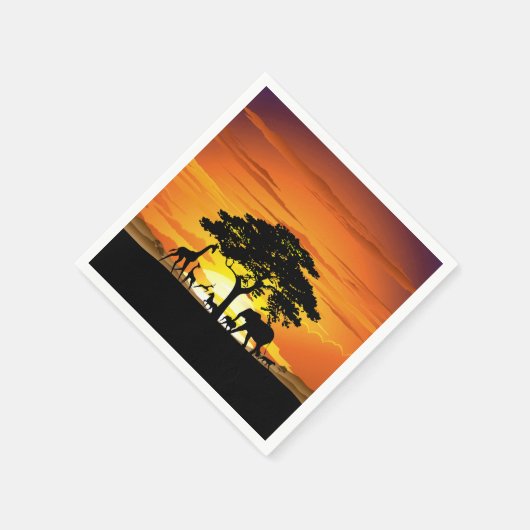 アフリカのサバンナに生息する野生動物の夕日 スタンダードカクテルナプキン (角)