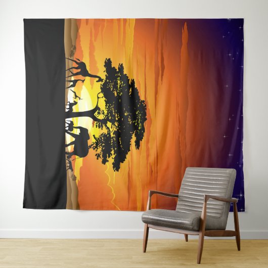 アフリカのサバンナに生息する野生動物の夕日 タペストリー (インサイチュ(横))