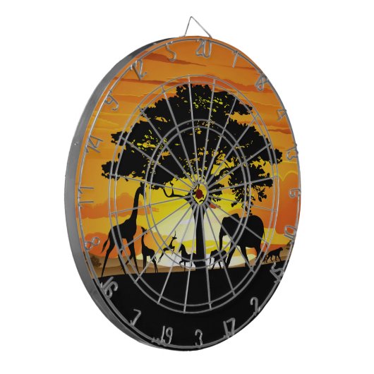 アフリカのサバンナに生息する野生動物の夕日 ダーツボード (正面左)