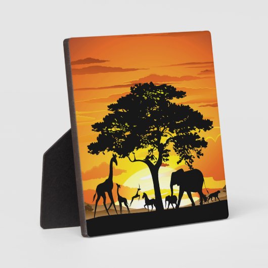 アフリカのサバンナに生息する野生動物の夕日 フォトプラーク (正面)