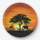 アフリカのサバンナに生息する野生動物の夕日 ペーパープレート (正面)