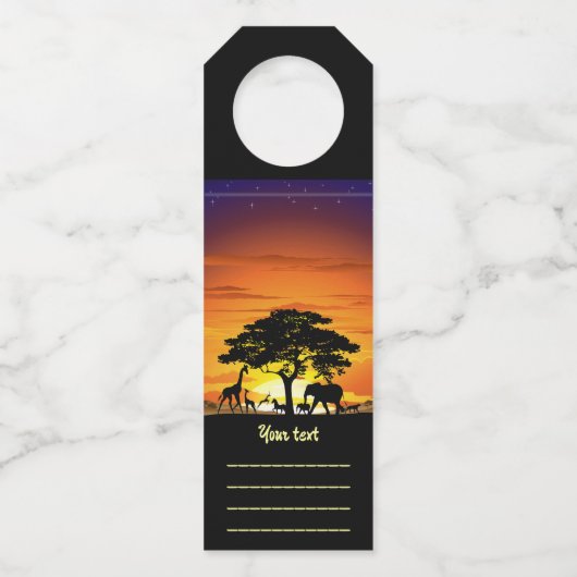 アフリカのサバンナに生息する野生動物の夕日 ボトルネックタグ (正面)