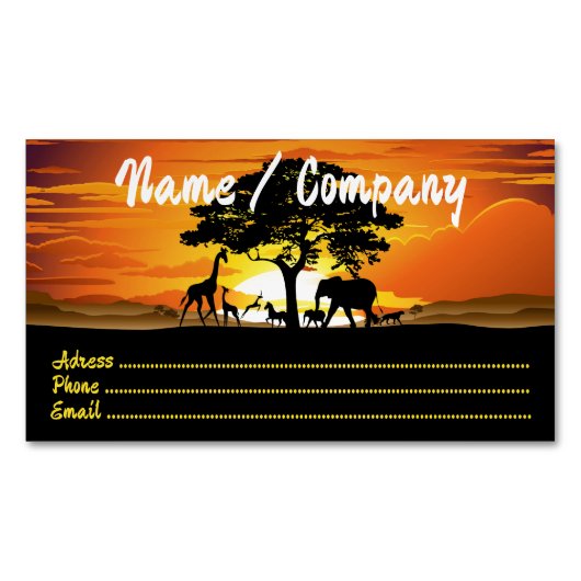 アフリカのサバンナに生息する野生動物の夕日 マグネット名刺 (正面)