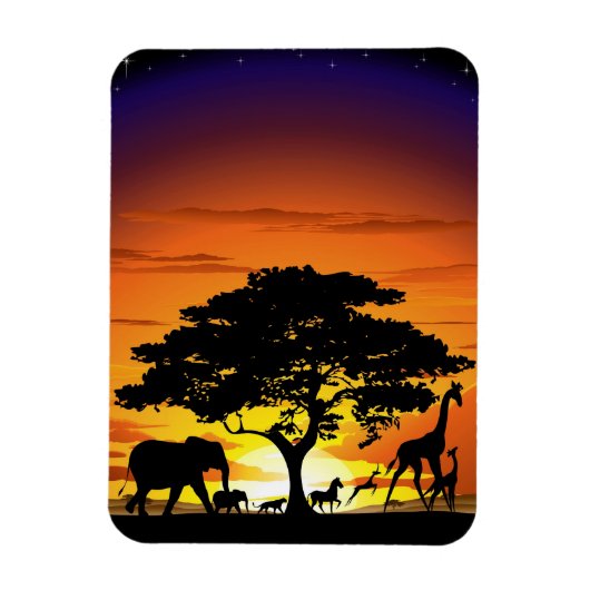 アフリカのサバンナに生息する野生動物の夕日 マグネット (縦)