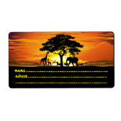 アフリカのサバンナに生息する野生動物の夕日 ラベル (正面)