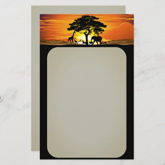 アフリカのサバンナに生息する野生動物の夕日 便箋 (正面/裏面)