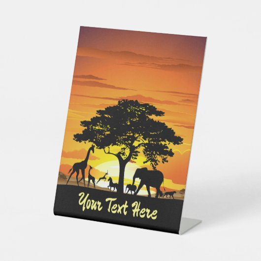 アフリカのサバンナに生息する野生動物の夕日 台座サイン (正面)