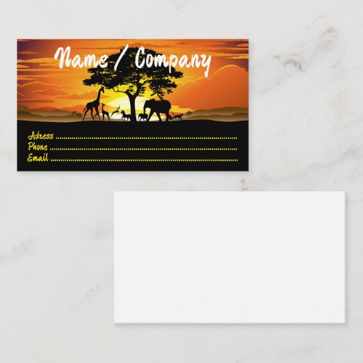 アフリカのサバンナに生息する野生動物の夕日 名刺 (正面/裏面)