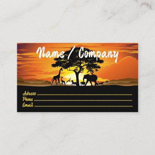 アフリカのサバンナに生息する野生動物の夕日 名刺 (正面)