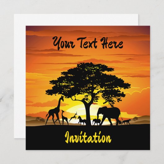 アフリカのサバンナに生息する野生動物の夕日 招待状 (正面/裏面)