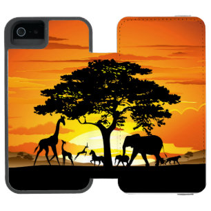 アフリカのサバンナに生息する野生動物の夕日 iPhone SE/5/5sウォレットケース