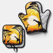アフリカのサバンナのサンセットキリンのシーン 鍋つかみ&鍋敷きセット (正面/裏面)
