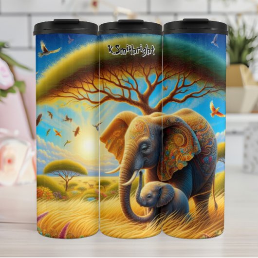 アフリカのサバンナのベビー象と母 タンブラー