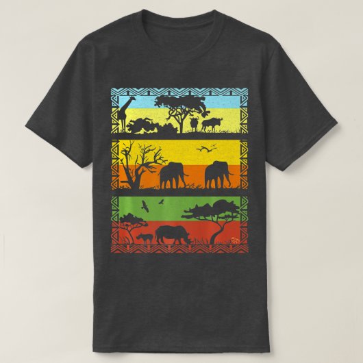 アフリカのサバンナの風景とサファリの動物の絹 Tシャツ (デザイン正面)