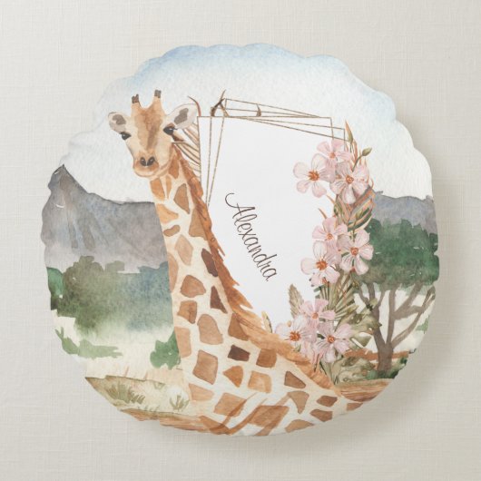 アフリカのサバンナ・キッズの水彩画 ラウンドクッション (正面)