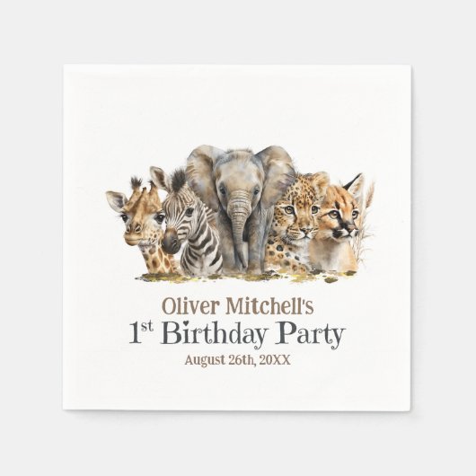 アフリカのサファリの動物の最初の誕生日パーティー スタンダードカクテルナプキン (正面)