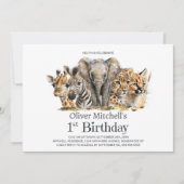 アフリカのサファリの動物の最初の誕生日パーティー 招待状 (正面)