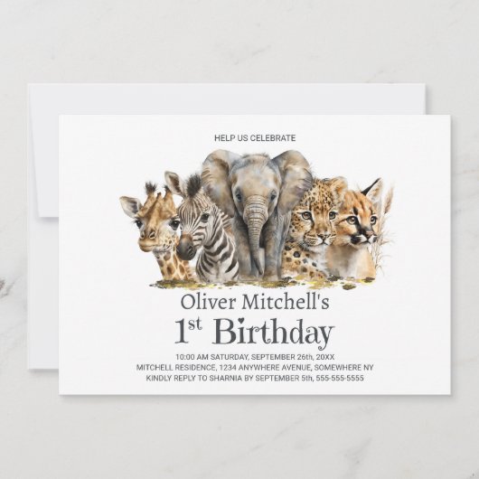 アフリカのサファリの動物の最初の誕生日パーティー 招待状 (正面)