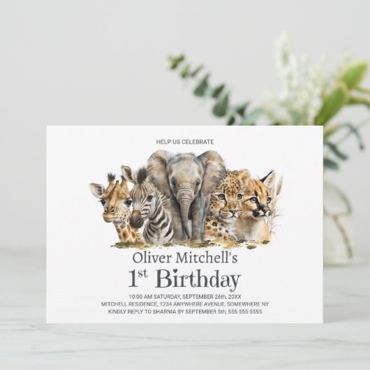 アフリカのサファリの動物の最初の誕生日パーティー 招待状 (スタンド正面)